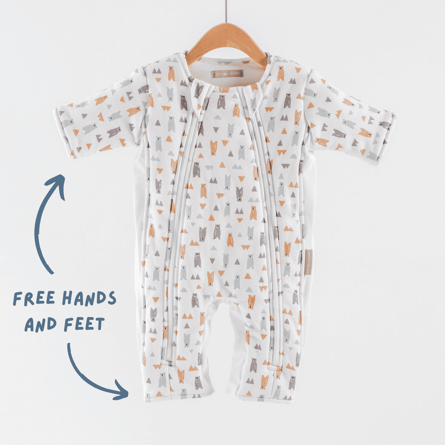 Baby transition suit with animal pattern against a white background showing free hands and feet