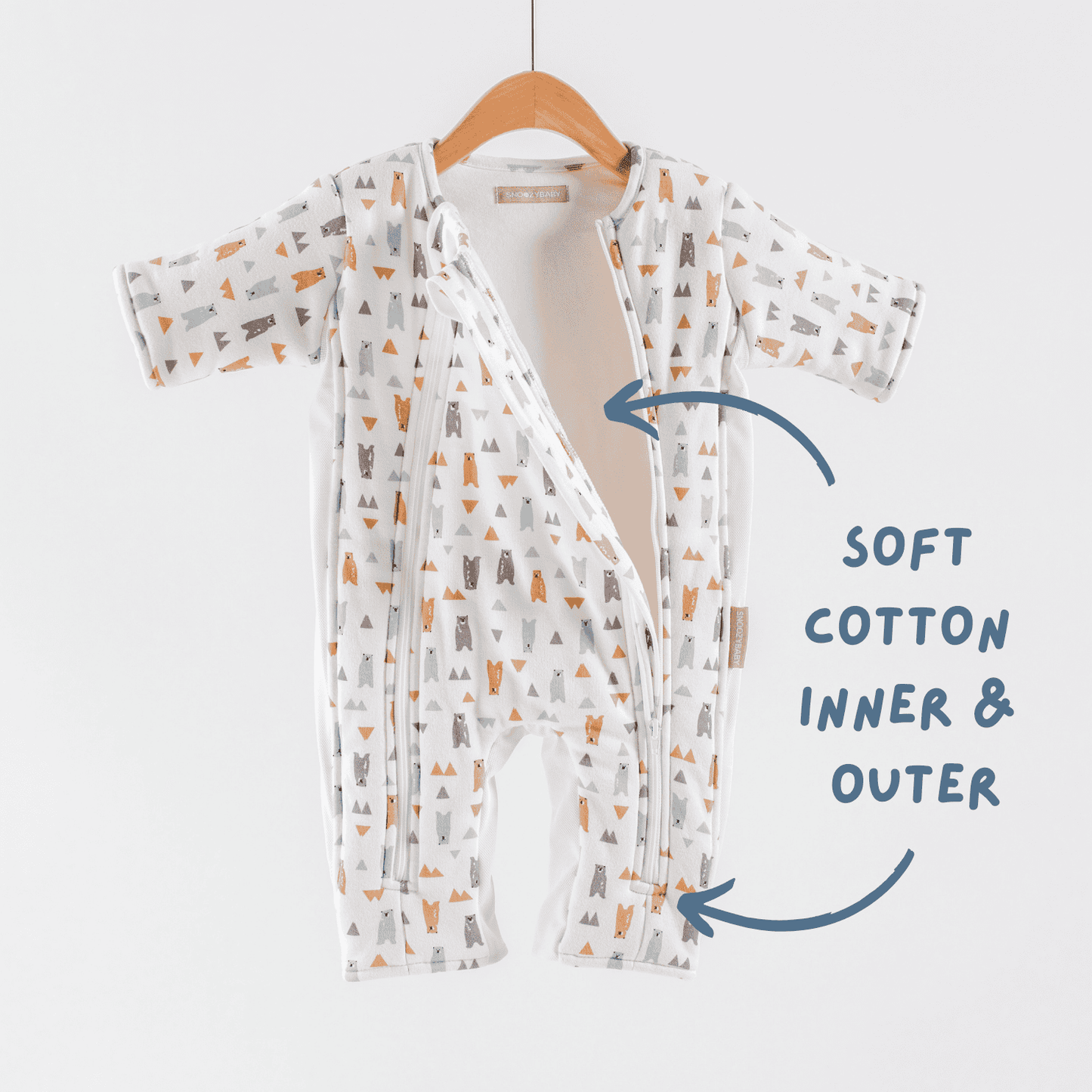 Baby transitional suit with animal pattern, highlighting the soft cotton inner & outer.