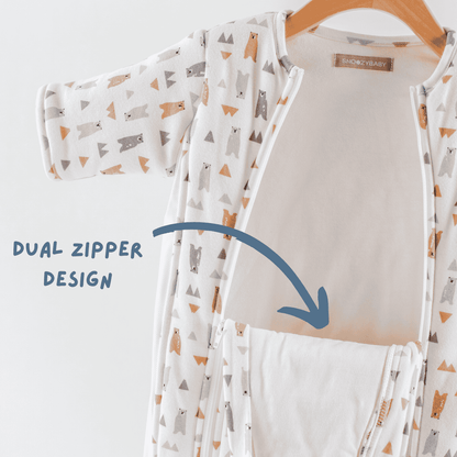 3-6months swaddle transition with dual zipper design in forest animal print. 
